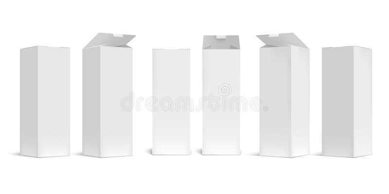 Hochtockmuckkarren Weiße, offene Kartonverpackung, Langboxen, rechteckige Packung mit realistischem Schattenvektorsatz unscharf stock abbildung