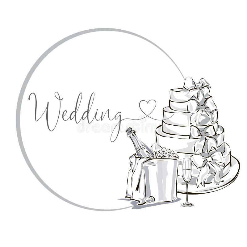 Hochzeitsclipart eingestellt mit Sektflasche im Eiseimer, Weinglas und -Hochzeitstorte, Schwarzweiss-Heiratskarte oder Einladung