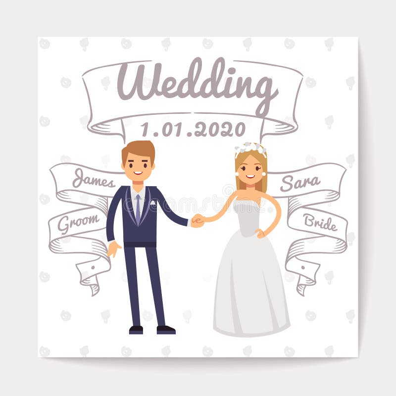 Hochzeitseinladungskarte Mit Gerade Verheirateten Jungen Paaren Und Sie Gezeichnete Bander Der Namen An Hand Vector Schablone Vektor Abbildung Illustration Von Paaren Hochzeitseinladungskarte