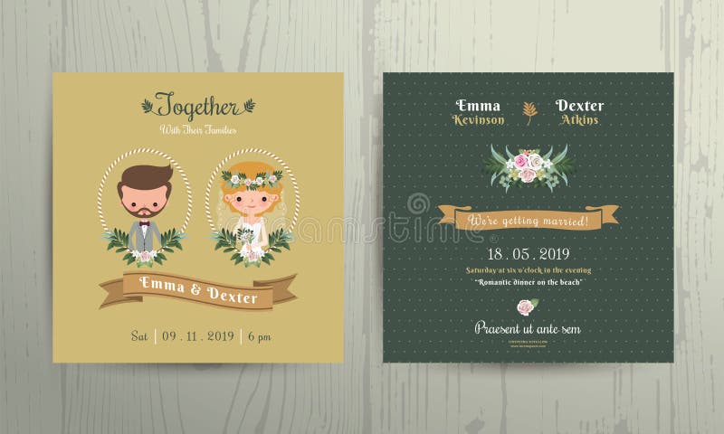 Hochzeitseinladungskartenkarikaturbraut- und -bräutigamporträt lizenzfreie abbildung Hochzeitseinladungskartenkarikaturbraut- und -bräutigamporträt lizenzfreie abbildung