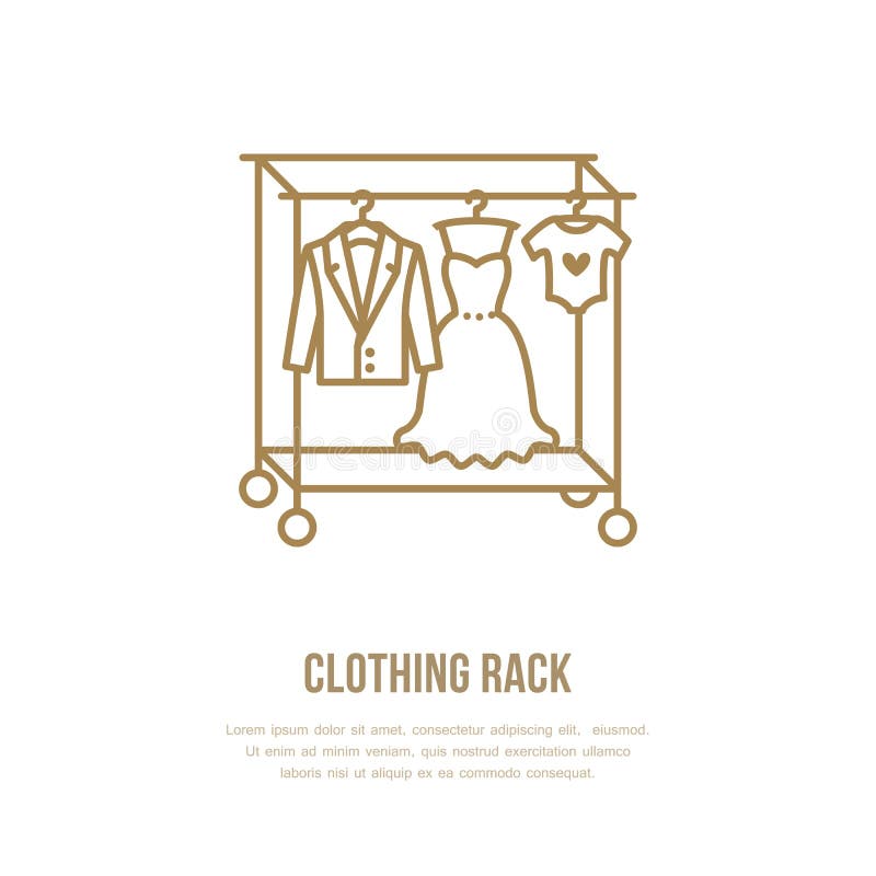 Hochzeitskleid, Mannanzug, scherzt Kleidung auf Aufhängerikone, Kleidungsgestelllinie Logo Flaches Zeichen für Kleidersammlung