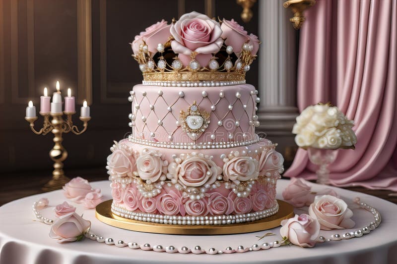 Hochzeitskuchen mit rosa Rosen und goldener Krone auf dem Tisch. ai generativ vektor abbildung