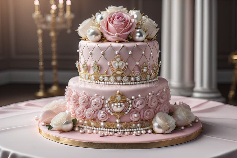 Hochzeitskuchen mit rosa Rosen und goldener Krone auf dem Tisch. ai generativ lizenzfreie abbildung