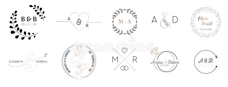 Wedding monogram logos collection, hand drawn modern minimalistic and floral templates for Invitation cards, Save the Date, elegant identity for restaurant, boutique, cafe in vector. Wedding monogram logos collection, hand drawn modern minimalistic and floral templates for Invitation cards, Save the Date, elegant identity for restaurant, boutique, cafe in vector