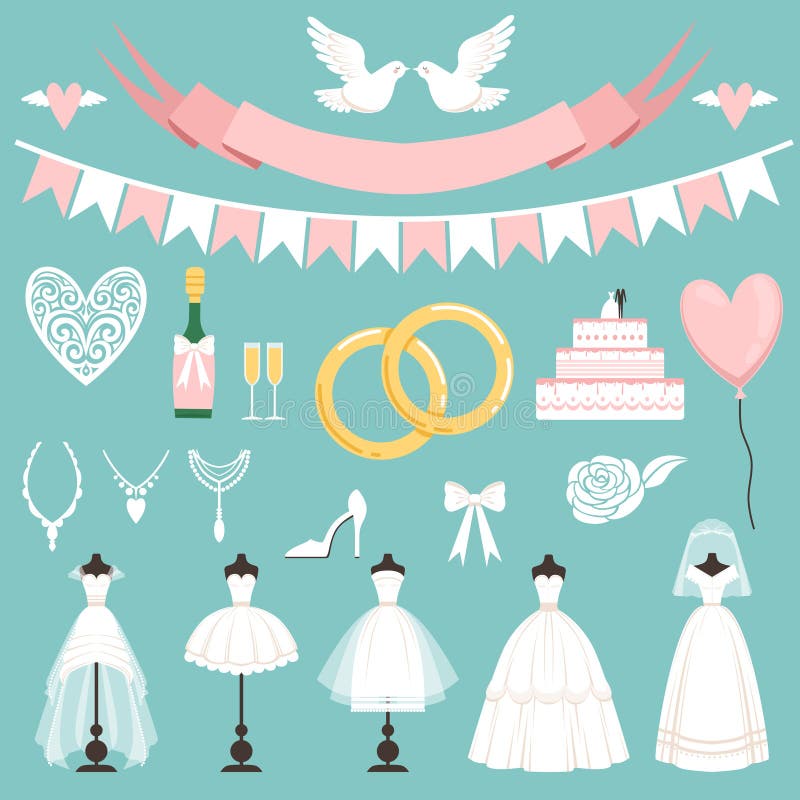 Hochzeitssymbole in der Karikaturart Kuchen, Blumen, Ringe und andere Elemente lizenzfreie abbildung Hochzeitssymbole in der Karikaturart Kuchen, Blumen, Ringe und andere Elemente lizenzfreie abbildung