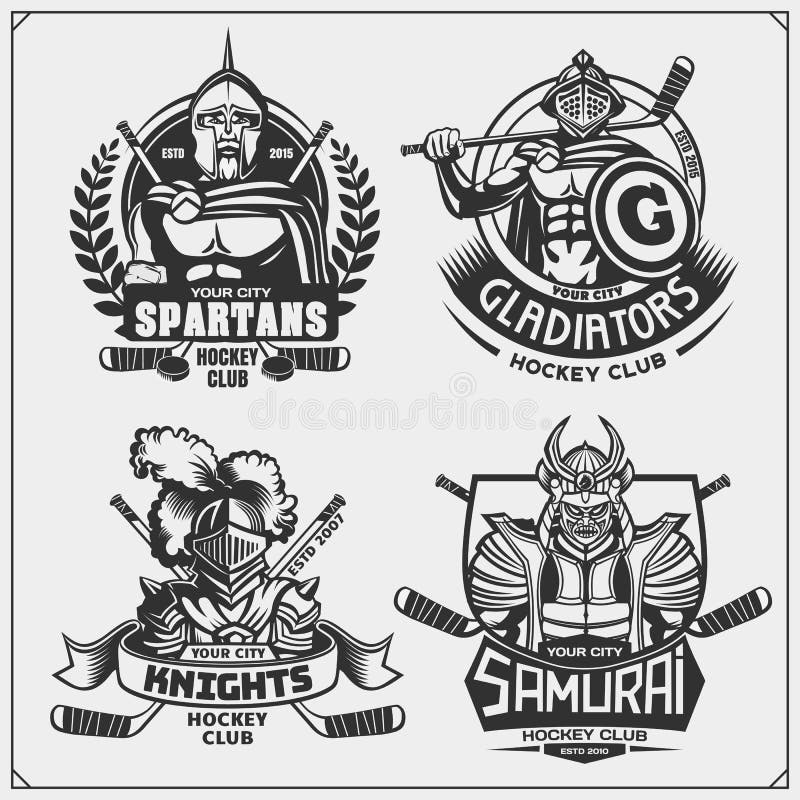 Hockey badges, labels and design elements. Sport club emblems with ancient warriors. vector illustration Hockey badges, labels and design elements. Sport club emblems with ancient warriors. vector illustration