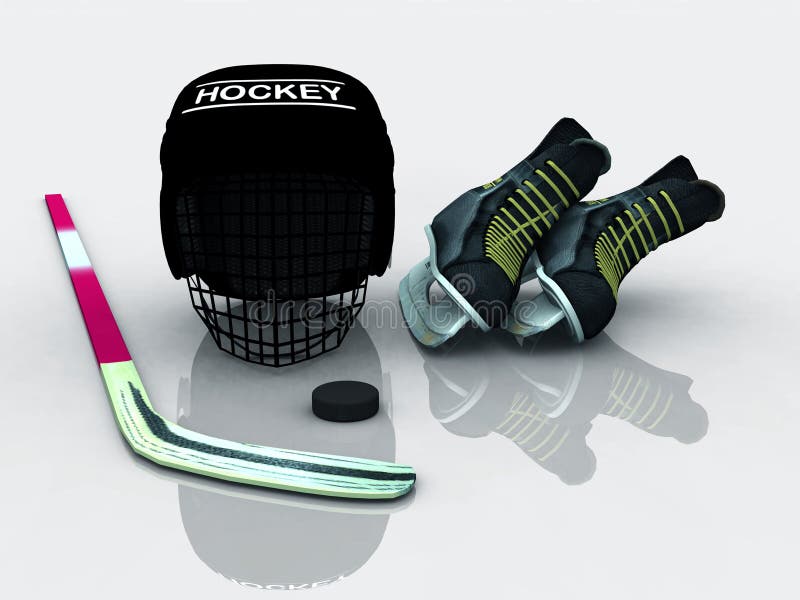 Hockey Gear on White. Front View. 3D Illustration Stock