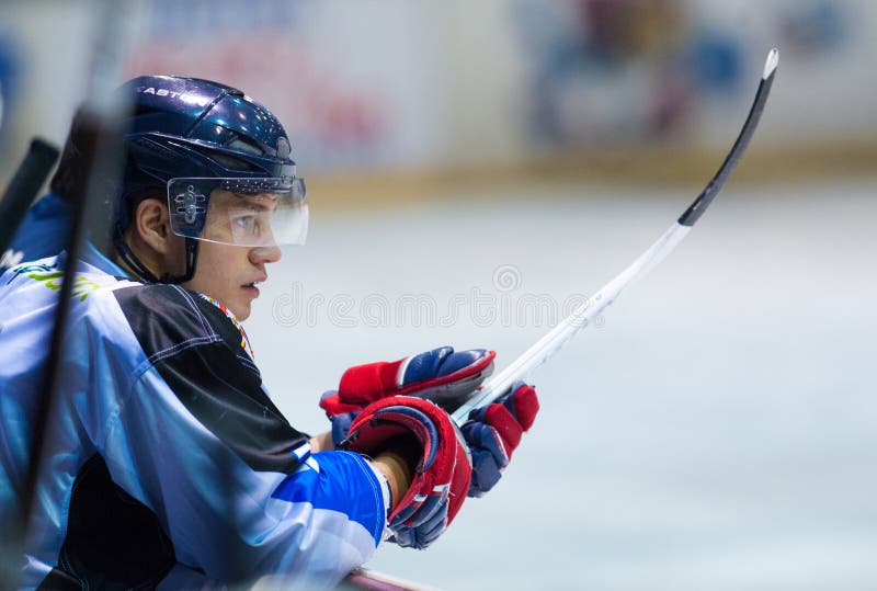 BUCHAREST, ROMANIA - MARCH 2: Unidentified hockey player compete during the Steaua Rangers vs Corona Brasovl game at Flamaropol Stadium, score 3-2, on March 2 , 2012 in Bucharest, Romania