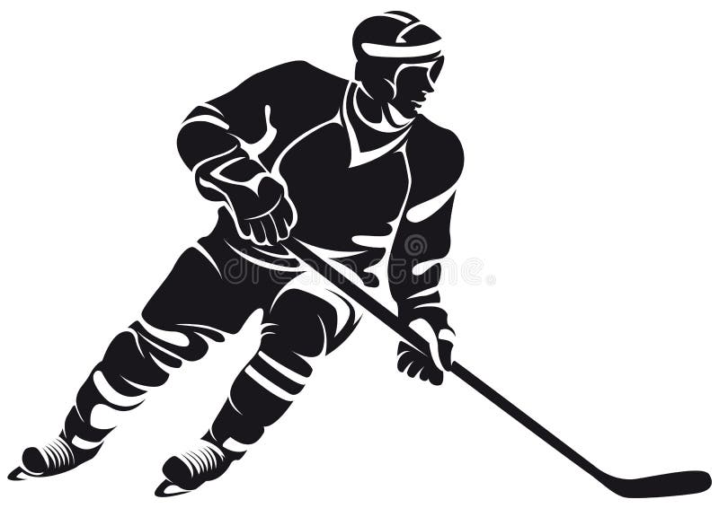 Hockey player, silhouette, isolated on white. Drawing time vectors