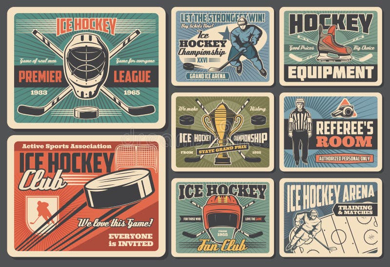 Ice hockey sport equipment, player and referee retro cards. Vector goalkeeper player, helmet, crossed sticks and puck, golden trophy cup and arena. Championship tournament, winter sport, hockey items. Ice hockey sport equipment, player and referee retro cards. Vector goalkeeper player, helmet, crossed sticks and puck, golden trophy cup and arena. Championship tournament, winter sport, hockey items