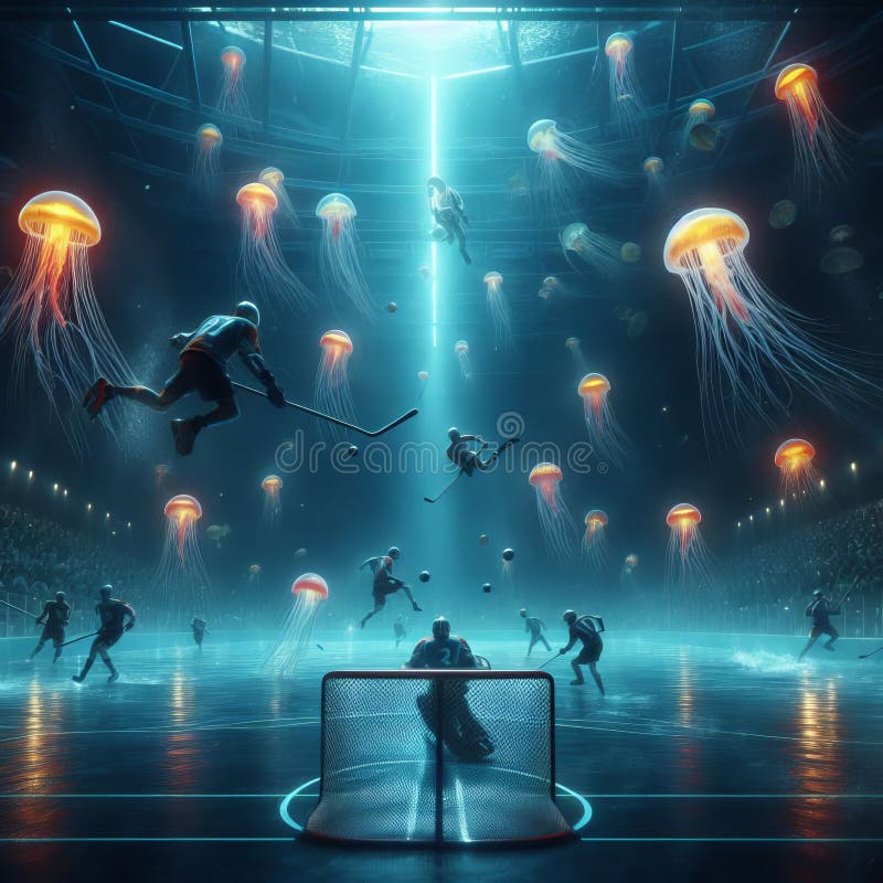 Underwater Hockey A scene where players maneuver with agility and speed in an underwater arena illuminated by glowing jellyfish, photorealistic, cine. Underwater Hockey A scene where players maneuver with agility and speed in an underwater arena illuminated by glowing jellyfish, photorealistic, cine