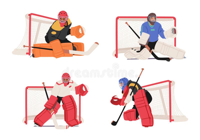 Hockey Goalkeepers In Vibrant Gear, Fiercely Guard The Net With Lightning Reflexes. Their Masks Conceal Determination, Embodying The Fearless Sentinels Of The Icy Battleground. Vector Illustration. Hockey Goalkeepers In Vibrant Gear, Fiercely Guard The Net With Lightning Reflexes. Their Masks Conceal Determination, Embodying The Fearless Sentinels Of The Icy Battleground. Vector Illustration
