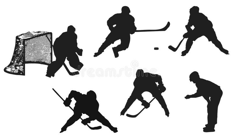 Hockey players silhouettes isolated on white background. The goalkeeper stands at the goal, the referee throws in the puck, the hockey players are actively fighting for the puck. Vector, eps10. Hockey players silhouettes isolated on white background. The goalkeeper stands at the goal, the referee throws in the puck, the hockey players are actively fighting for the puck. Vector, eps10