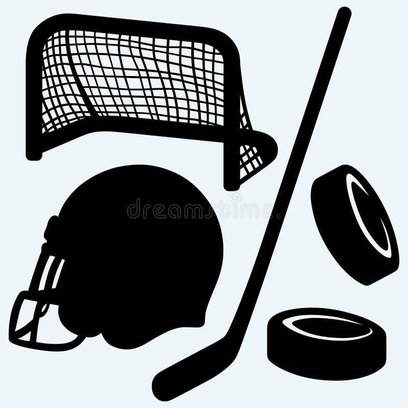 Hockeysymbol pinne, puck, hockeyportar och hjälm stock illustrationer Hockeysymbol pinne, puck, hockeyportar och hjälm stock illustrationer