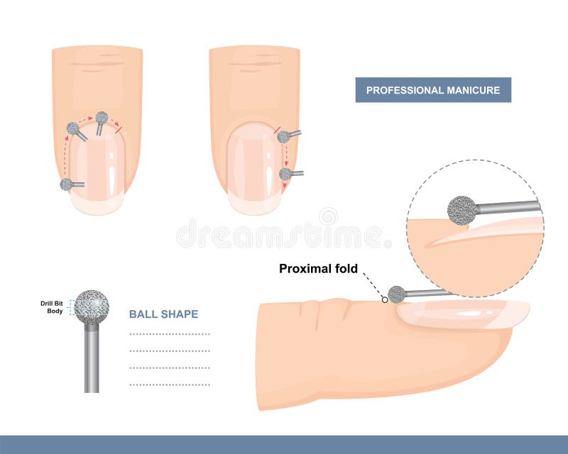 How to use a Ball Shape Milling Cutter. Working with the Area around the Nail. Tips and Tricks. Professional Manicure Tutorial. Vector illustration. How to use a Ball Shape Milling Cutter. Working with the Area around the Nail. Tips and Tricks. Professional Manicure Tutorial. Vector illustration