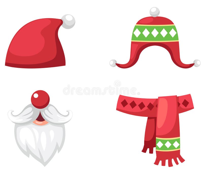 Hoed van de Kerstmis de vastgestelde rode Kerstman, sjaal en hoed geïsoleerde vector royalty-vrije illustratie Hoed van de Kerstmis de vastgestelde rode Kerstman, sjaal en hoed geïsoleerde vector royalty-vrije illustratie
