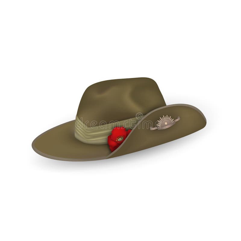Anzac australian army slouch hat with red poppy isolated. Design elements for Anzac Day or Remembrance Armistice Day in New Zealand, Australia. Vector illustration. Anzac australian army slouch hat with red poppy isolated. Design elements for Anzac Day or Remembrance Armistice Day in New Zealand, Australia. Vector illustration.