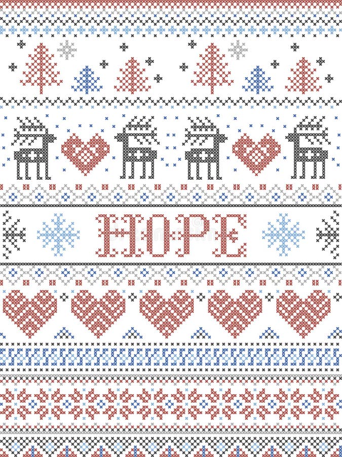 Hoffnung Weihnachtsvektormuster mit skandinavischem nordischem Winterfest-Muster in Kreuzstich mit Herz, Schneeflocken, Bäumen lizenzfreies stockbild Hoffnung Weihnachtsvektormuster mit skandinavischem nordischem Winterfest-Muster in Kreuzstich mit Herz, Schneeflocken, Bäumen lizenzfreies stockbild