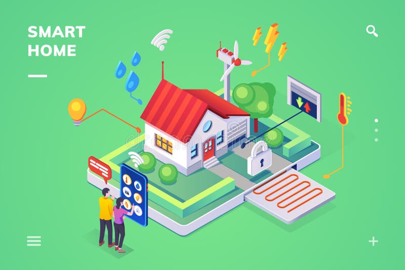 Hogar elegante controlado por el smartphone, visión isométrica stock de ilustración Hogar elegante controlado por el smartphone, visión isométrica stock de ilustración