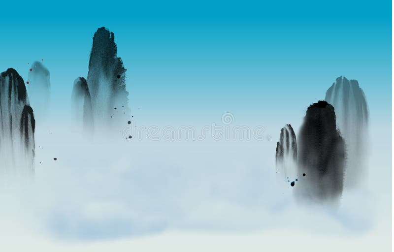 Hoge nevelige bergen, blauwe hemel en wolken Traditionele oosterse inkt die sumi-e, u-zonde, gaan-hua schilderen vector illustratie Hoge nevelige bergen, blauwe hemel en wolken Traditionele oosterse inkt die sumi-e, u-zonde, gaan-hua schilderen vector illustratie