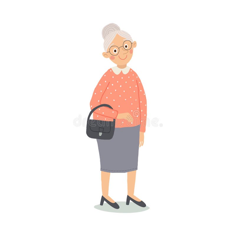 Hogere dame met handtas status Oude persoon Leuke grootmoeder met glazen het glimlachen Bejaarden, gepensioneerden beeldverhaal