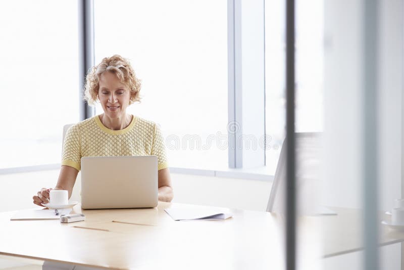 Hogere Onderneemster Working On Laptop bij Bestuurskamerlijst stock fotografie Hogere Onderneemster Working On Laptop bij Bestuurskamerlijst stock fotografie
