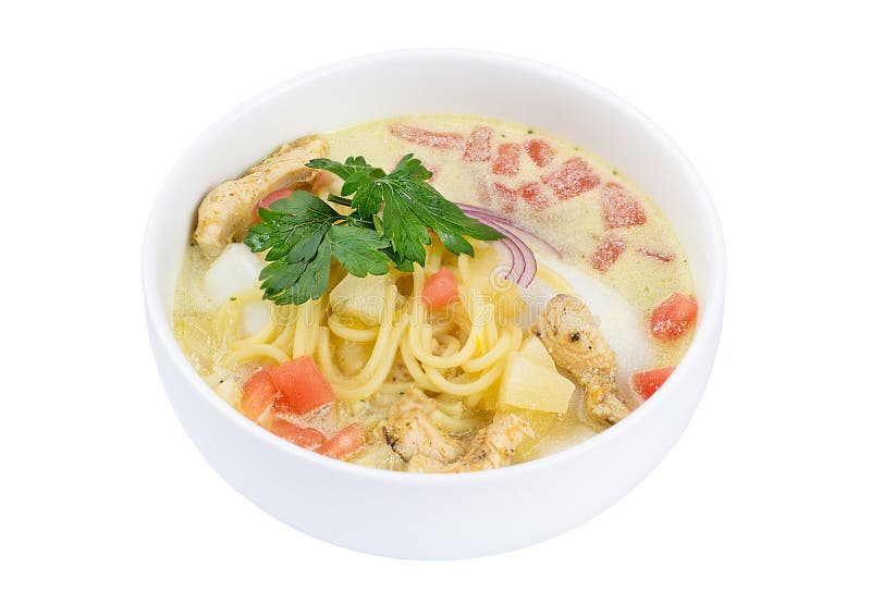 Hohe Winkelsicht des thailändischen Lebensmittels - Huhn und Nudeln in der Kokosmilchsuppe lokalisiert auf Weiß Köstliche Suppe m lizenzfreies stockbild Hohe Winkelsicht des thailändischen Lebensmittels - Huhn und Nudeln in der Kokosmilchsuppe lokalisiert auf Weiß Köstliche Suppe m lizenzfreies stockbild