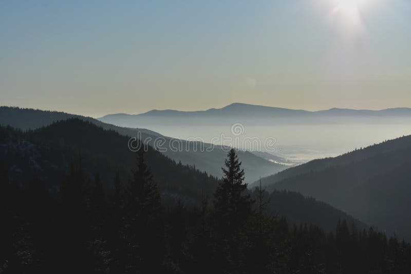 Hohe Winkelsicht einer schönen Landschaft eines Waldes in den nicht näher definierbaren Bergen stockbild