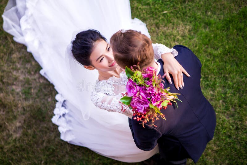 Hohe Winkelsicht von romantischen Hochzeitspaaren auf grasartigem Feld stockfotos Hohe Winkelsicht von romantischen Hochzeitspaaren auf grasartigem Feld stockfotos