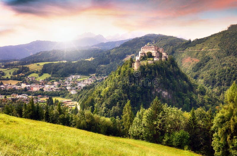 Hohenwerfen Castle at dramatic sunset, Austria, Salzburg royalty free stock image