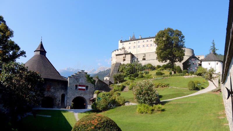 Hohenwerfen Castle - medieval fortification – courtyard Burg Hohenwerfen - 11th century - Austrian town of Werfen - Salzach valley – near Salzburg - Europe. Hohenwerfen Castle - medieval fortification – courtyard Burg Hohenwerfen - 11th century - Austrian town of Werfen - Salzach valley – near Salzburg - Europe