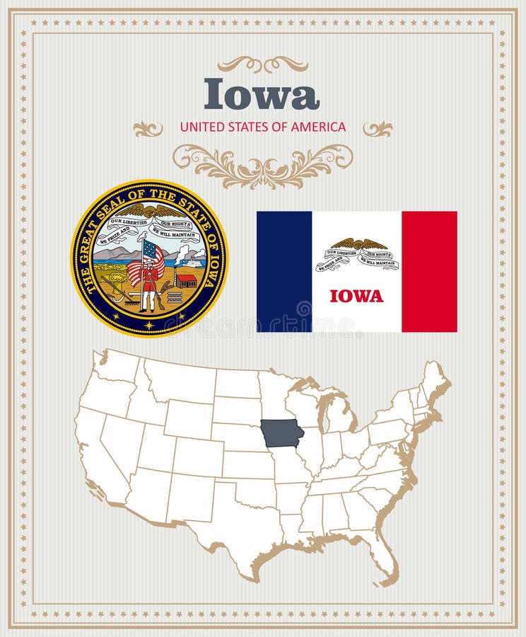Hoher ausführlicher Vektor stellte mit Flagge, Wappen, Karte von Iowa ein Amerikanisches Plakat glückliches neues Jahr 2007 lizenzfreie abbildung Hoher ausführlicher Vektor stellte mit Flagge, Wappen, Karte von Iowa ein Amerikanisches Plakat glückliches neues Jahr 2007 lizenzfreie abbildung