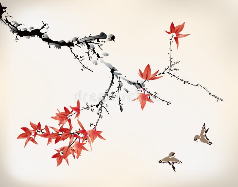 Ink style maple leaves Chinese painting. Ink style maple leaves Chinese painting