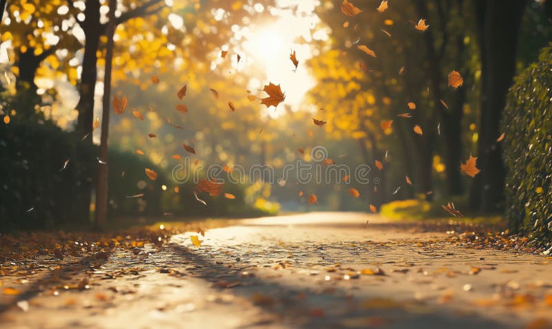 Hojas de otoño caen en el parque de la luz dorada filtrando a través de árboles serene path alineado con follaje imágenes de archivo libres de regalías
