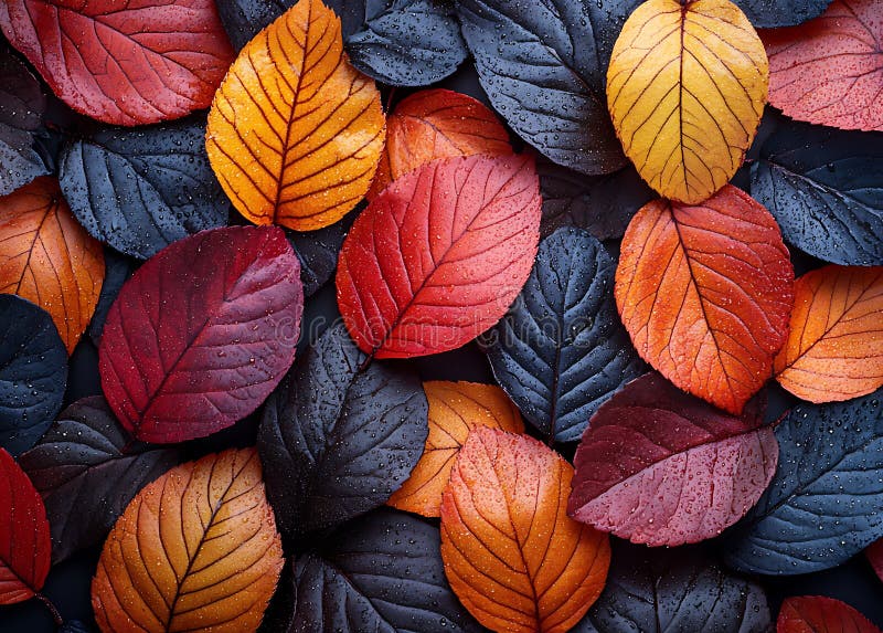 Hojas de otoño vibrantes en colores ricos con gotitas de agua. stock de ilustración