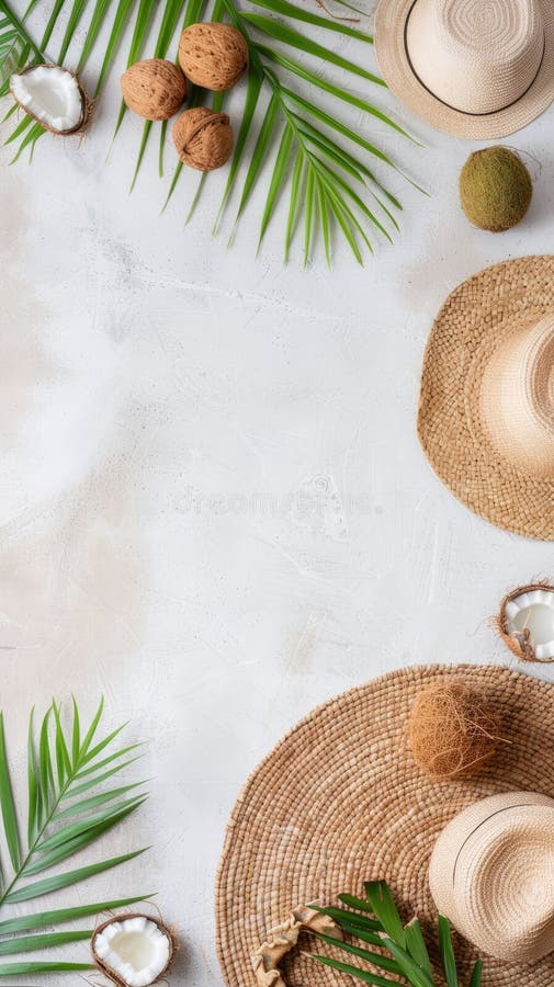 Hojas de palma conchas de coco y sombreros de paja tejidos sobre un fondo blanco foto de archivo