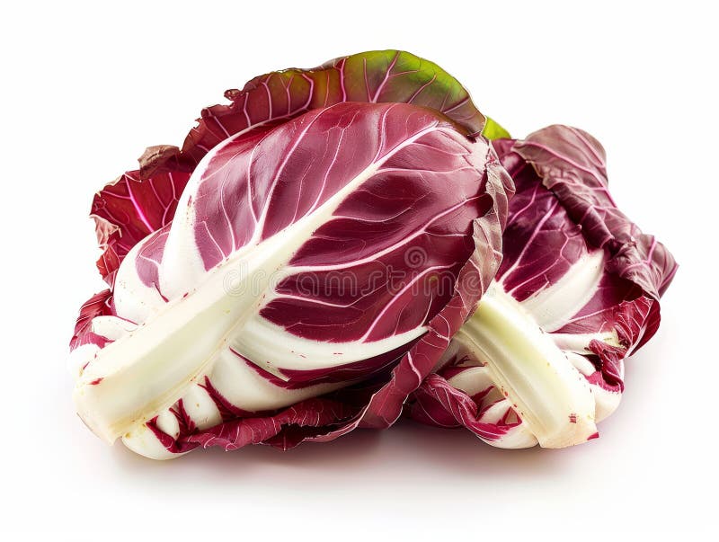 Hojas de radicchio fresco aisladas en fondo blanco. verduras rojas y blancas vibrantes perfectas para ensaladas sanas y gourmet ilustración del vector