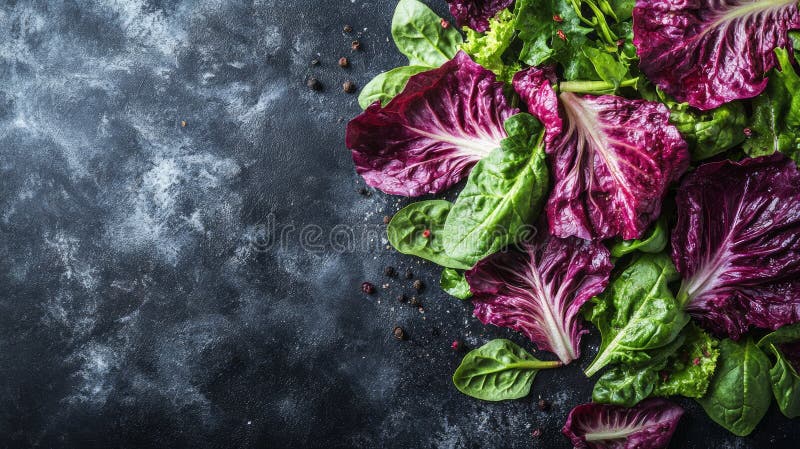 Hojas de radicchio fresco y espinacas en un fondo rústico oscuro stock de ilustración
