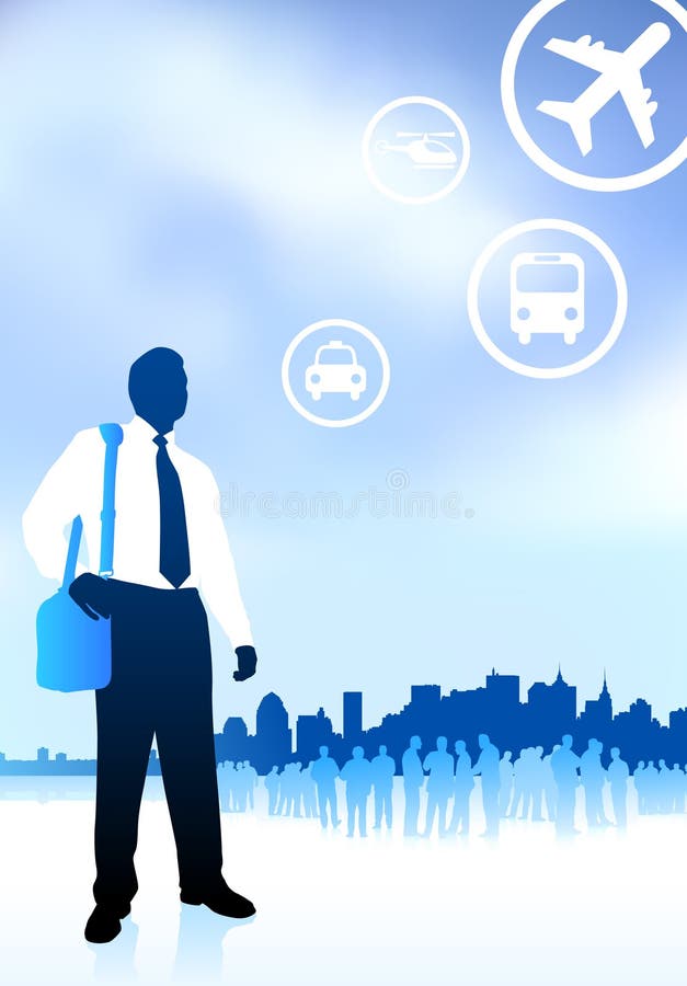 Hojas de ruta (traveler) del hombre de negocios con el horizonte de Nueva York ilustración del vector Hojas de ruta (traveler) del hombre de negocios con el horizonte de Nueva York ilustración del vector