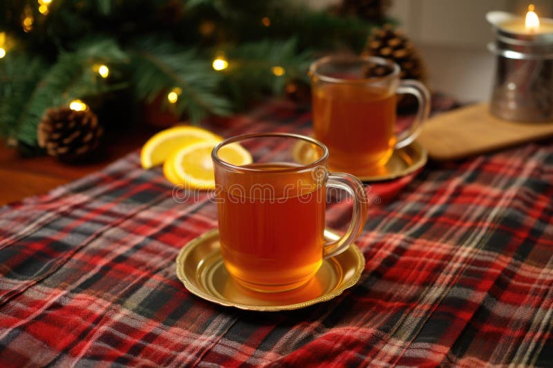 hot toddy with holiday-themed patterned placemats in the backdrop, created with generative ai AI generated. hot toddy with holiday-themed patterned placemats in the backdrop, created with generative ai AI generated