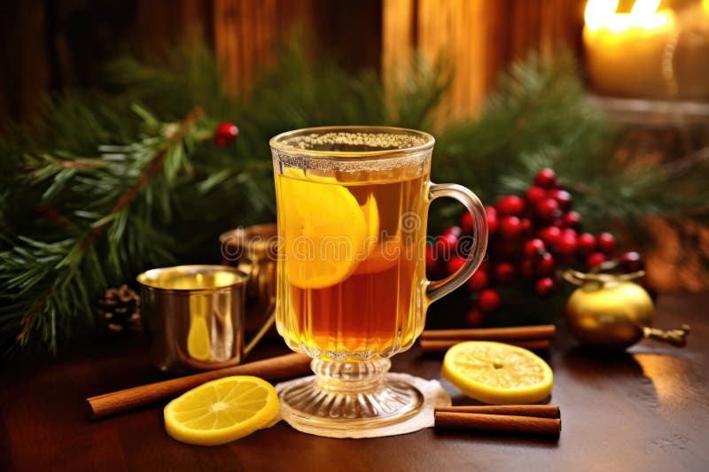 hot toddy with a festive wreath in the background, created with generative ai AI generated. hot toddy with a festive wreath in the background, created with generative ai AI generated