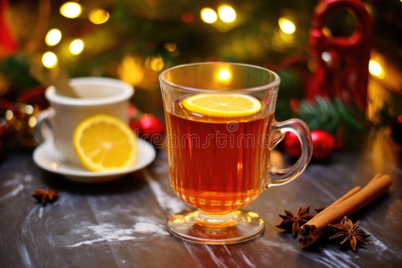 hot toddy with a festive wreath in the background, created with generative ai AI generated. hot toddy with a festive wreath in the background, created with generative ai AI generated