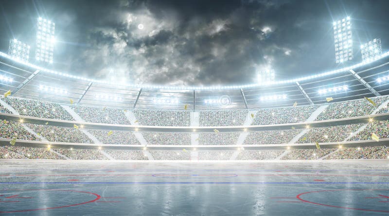 Hokejowy Stadium Lodowego hokeja arena Nocy stadium pod księżyc z światłami, fan i flagami, ilustracji Hokejowy Stadium Lodowego hokeja arena Nocy stadium pod księżyc z światłami, fan i flagami, ilustracji