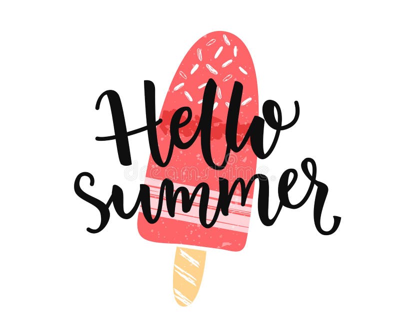 Hola bandera del verano con el subtítulo moderno del calligaphy y helado dibujado mano en el palillo stock de ilustración Hola bandera del verano con el subtítulo moderno del calligaphy y helado dibujado mano en el palillo stock de ilustración