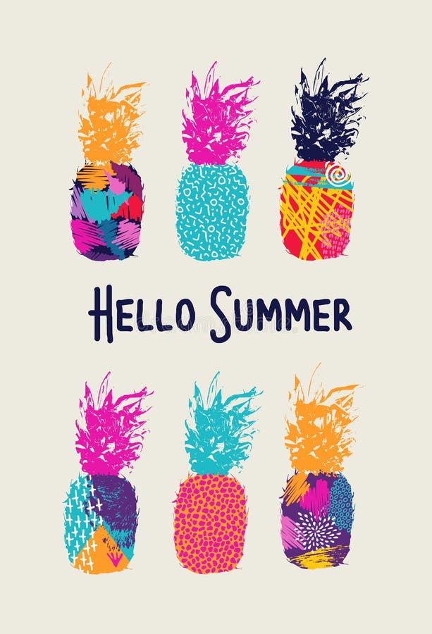 Hola diseño de la piña del color del verano en el estilo 80s ilustración del vector