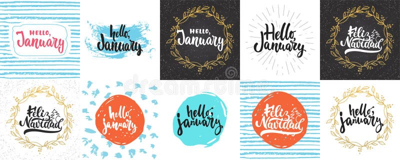 Hola, enero - colecciones greeying dibujadas mano de la tarjeta de las letras aisladas en el fondo blanco Vector de la tinta del ilustración del vector Hola, enero - colecciones greeying dibujadas mano de la tarjeta de las letras aisladas en el fondo blanco Vector de la tinta del ilustración del vector