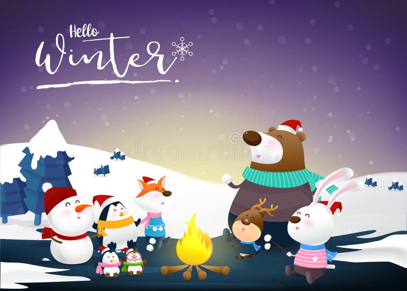 Hola invierno con la nieve animal 002 de la historieta y de la noche ilustración del vector Hola invierno con la nieve animal 002 de la historieta y de la noche ilustración del vector
