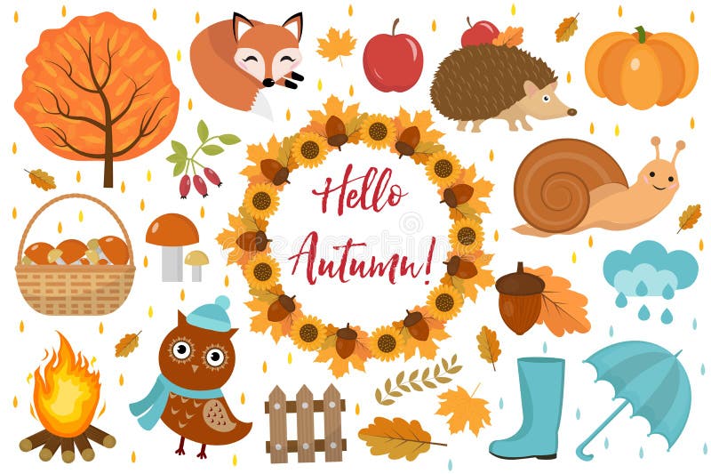 Hola los iconos del otoño fijaron estilo del plano o de la historieta Elementos del diseño de la colección con las hojas, árboles stock de ilustración Hola los iconos del otoño fijaron estilo del plano o de la historieta Elementos del diseño de la colección con las hojas, árboles stock de ilustración