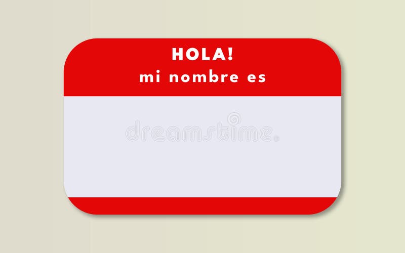 Hola Mi Nombre Es: nombre de etiqueta in color rojo. Name tag red Card in spanish text. Branding and company identity