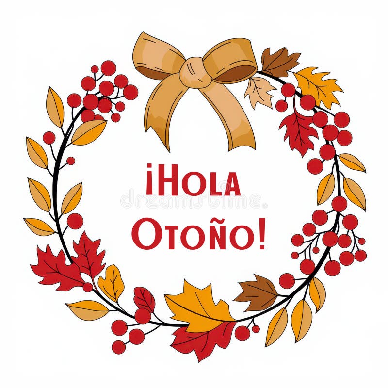 Hola otono ή γεια σου φθινόπωρο γραμμένο σε στεφάνι το φθινόπωρο με παπιγιόν και πολύχρωμα φύλλα ελεύθερη απεικόνιση δικαιώματος